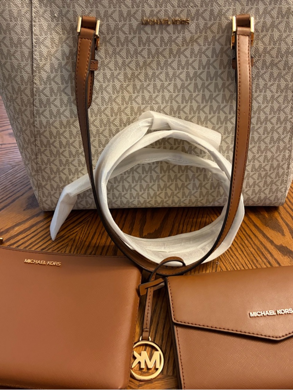 Michael Kors Signature MK Tote with Acorn Brown Leather Trim